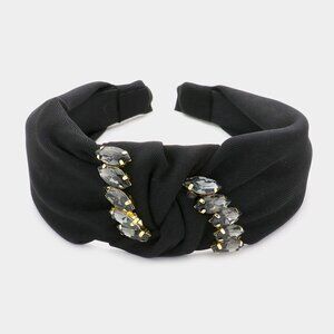 NEW Black Monochromatic Marquise Stone Fabric Embellished Knot Headband